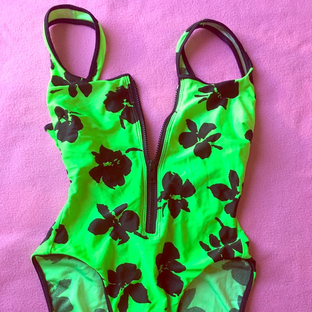 Super Sexy Hot Lime Green/Black Swimsuit w/Zipper!